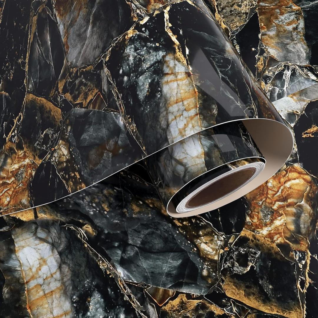 VaryPaper Black and Gold Marble Contact Paper 15.7"x78.7" Marble Wallpaper Peel and Stick Countertops Waterproof Removable Self Adhesive Marble Vinyl Wall Paper for Cabinets Counter Top Stick Paper