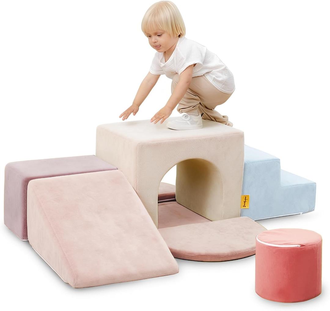 Kids Climbing Foam Blocks Playset - 7 Piece Toddler Climbing Toys, Indoor Gross Motor Development Montessori Gross Motor Toy for Babies & Toddlers (Pink & Blue)