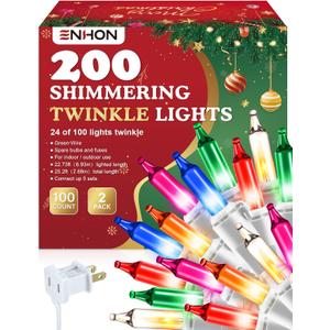 Enhon 2 Pack Twinkle Christmas Lights, Total 50.4FT 48 of 200 Bulbs Twinkle, Waterproof Connectable Random Shimmering Christmas Light, Connect up to 5 Set for Xmas Tree Decor(Multi-Color,White Wire)