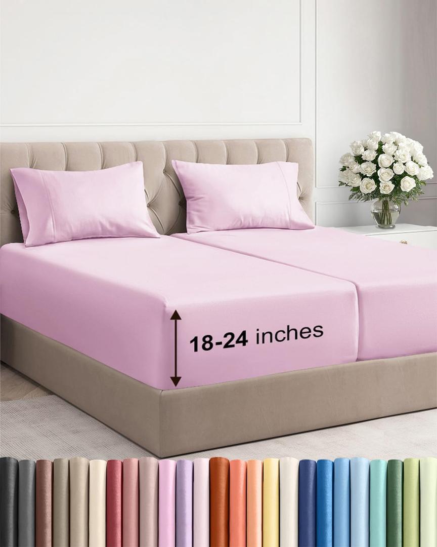 Extra Deep Pocket Split King Sheets - 5 Piece Breathable & Cooling Bed Sheets - Hotel Luxury Bed Sheet Set - Soft, Wrinkle Free & Comfy - Easily Fits Extra Deep Mattresses - Lavender Pink Sheets Set