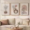 Framed Neutral Boho Wall Art Bedroom, 3 Piece Abstract Bohemian Brown Botanical Vase Canvas Artwork for Walls, Large Earth Tone Boho Pictures for Living Room Home Office Hallway Wall Decor, 16x24 Inch