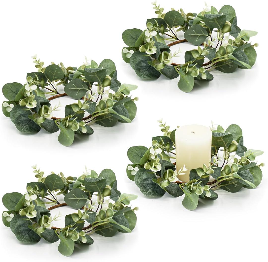 Bacucine 4Pcs Candle Rings Artificial Eucalyptus Leaves Wreaths Artificial Greenery Boho Garland for Wedding Door Wall Window Home Decor