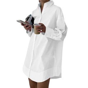 LYANER Women's Casual Shirt Dress Collar V Neck Button Down Loose Long Sleeve Mini Dresses, Medium