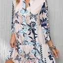 SELINK Womens Long Sleeve Dresses Casual V Neck Tribal Print Button Flowy Boho Mini Beach Dress (Beige)