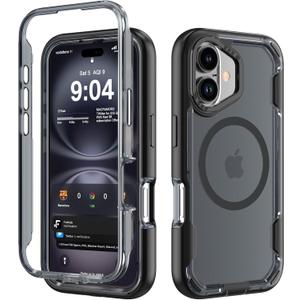 DEERLAMN Magnetic Shockproof Case for iPhone 16 6.1-Inch, [Compatible with MagSafe] [Military Grade Drop Protection] Translucent 2-Layer Durable Bumper Heavy Duty Protecive Phone Cover, Matte+Black