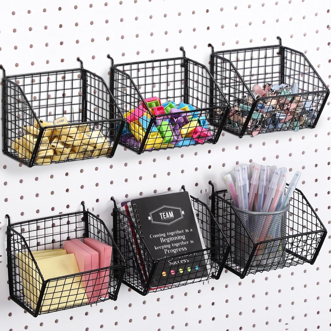 6 Pack Black Pegboard Baskets Metal Wire Shelf Baskets Peg Board Organizer Accessories Wall Mount Organizer Bins for Tool Storage Craft Room Garage Small Parts Workbench
