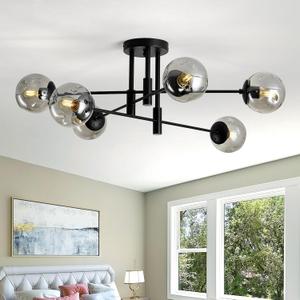6-Lights Glass Globe Sputnik Chandelier Modern Flush Mount Ceiling Light Fixture Black Farmhouse Lighting for Dining Room Living Room Bedroom Kitchen Passageway.