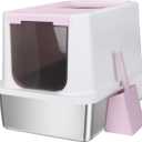 RIZZARI Stainless Steel Cat Litter Box, Odorless Enclosed Litter Box with Top Holes, Large Litter Pan for Small to Large Sized Cats (Pink, 23.8" L*15.9" W*16.1" H)