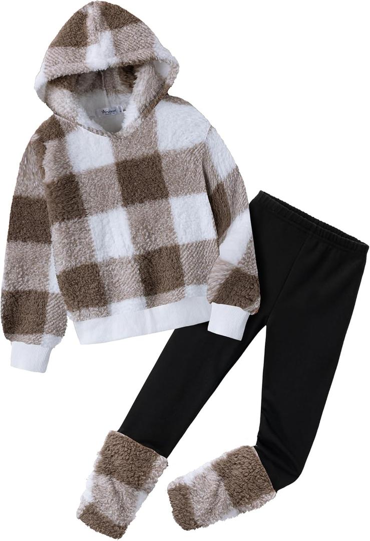Arshiner Girls 2 Piece Outfits Long Sleeve Fuzzy Hoodies Sweatshirts and Jogger Legging Pants Winter Tracksuits 7-8Y, Checkered Print