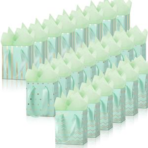 Tenare 24 Pcs Small Gift Bags Mini Metallic Paper Bags Bulk Tiny with Handles Tissue Paper for Jewelry Gift Wrap Mother's Father's Day Graduation Party Supply(4 x 2.8 x 4.5 Inch,Light Green)