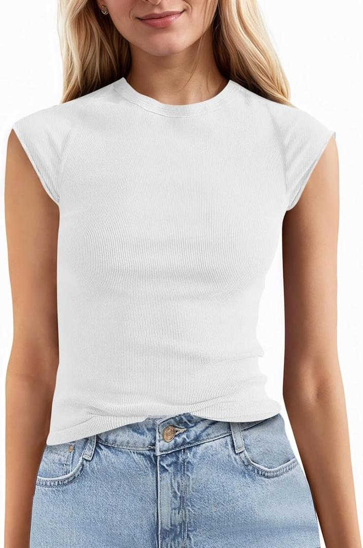 Tankaneo Womens Cap Sleeve Tops Crew Neck Ribbed Knit T Shirt Summer Casual Slim Fit Basic Tees Tshirt (S)