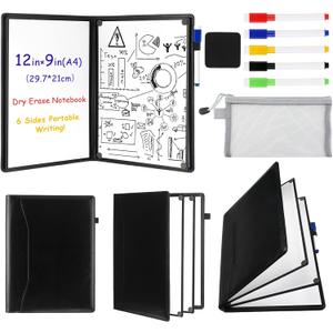 6 Sides Dry Erase Whiteboard Notebook Portable Notebook White Boards 12"x9"(a4) Small Folding Whiteboard Anti-ghosting Surface, Travel Dry Erase Mini White Board for Office, School, Study (Black)