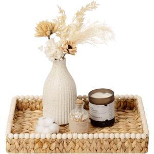 StorageWorks Rectangle Decorative Trays for Home Decor Farmhouse, Wicker Coffee Table Tray Decor with Wooden Beads and Handles, Large Woven Dining Room Decor Tray for Kitchen Counter, Living Room (15.8" x 11.5" x 2.4")