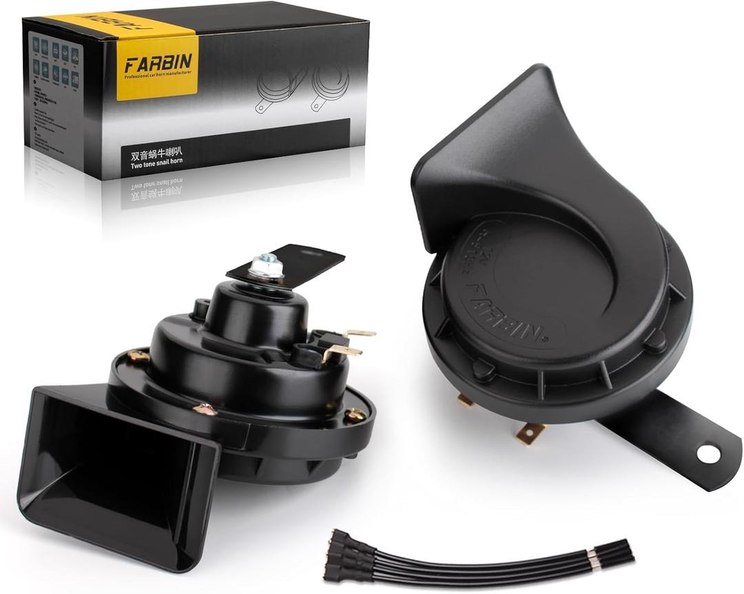 FARBIN Horns Auto Horn 12V Car Horn Loud Dual-Tone Waterproof Electric Snail Horns Kit Universal for Any 12V Vehicles Black (Black horn, 12v)