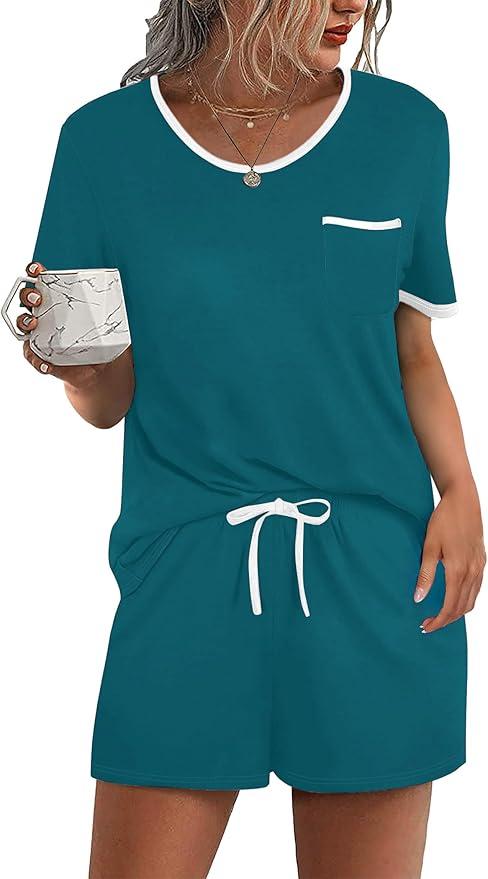 Ekouaer Pajamas for Women Set 2 Piece PJ Soft Comfy Lounge Sets Short Sleeve Tops Shorts Sets Cotton Sleepwear , Size XL