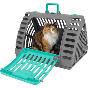SportPet X-Large Hard-Sided Travel Cat Carrier - Cat Carrier with Patented Wide Side-Opening Door, Foldable Portable Pet Carrier for Cats & Small Pets up to 35lbs - Dark Gray/Teal