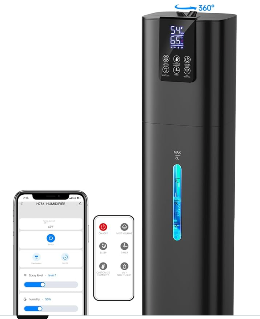 8L Smart Humidifiers for Bedroom Large Room, 2.1Gal Cool Mist Top Fill Diffuser Ambient Light, App & Remote Control, 3 Mist Modes, Quiet Humidifier for Home Office Plant (Black)