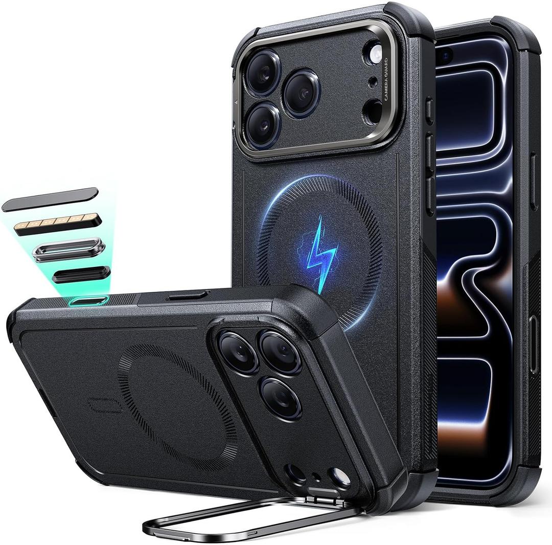 ESR for iPhone 17 Pro Max Case with Stash Stand, 7X Military-Grade Drop Protection with Camera Control, Shock-Absorbing Phone Rugged Cover, Compatible with MagSafe Accessories, Cyber Series, Black