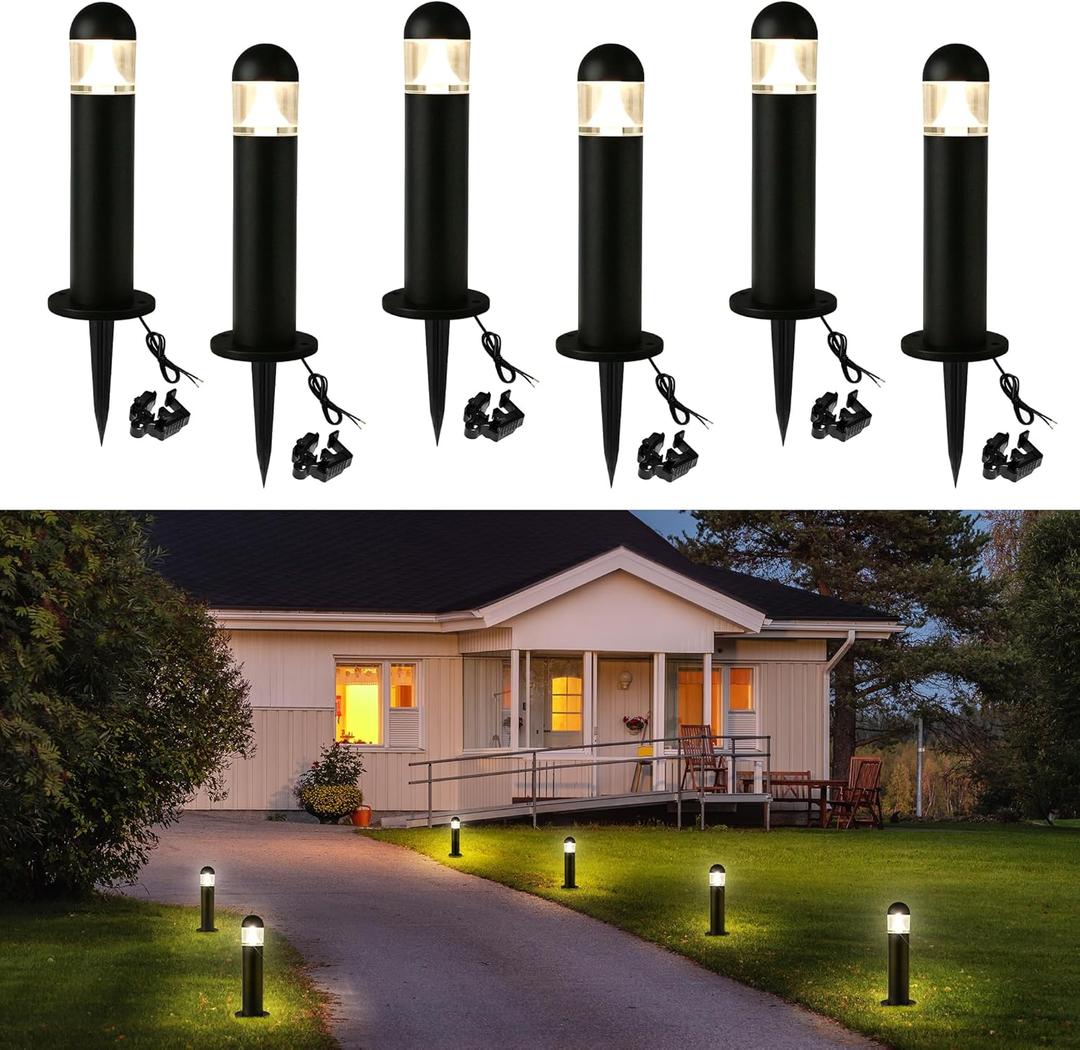 6 Pack Low Voltage Landscape Pathway Lights, 12V LED Bollard Light IP67 Waterproof, Outdoor Driveway Walkway Wired Lights (Included Connector) - Yard Garden Lawn, 2700K Warm White (Classic Black)