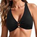 GRAPENT Bikini Top for Women Ruched O Ring Padded Adjustable Straps Bathing Suits Swim Tops Only Beach Vacation Clothes (X-Large, Black)