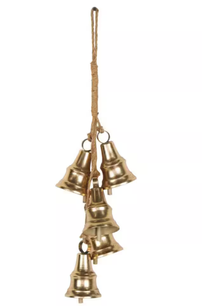 6 in. x 25 in. Gold Metal Cascading Cluster Decorative Bells with Jute Hanging Rope 045974