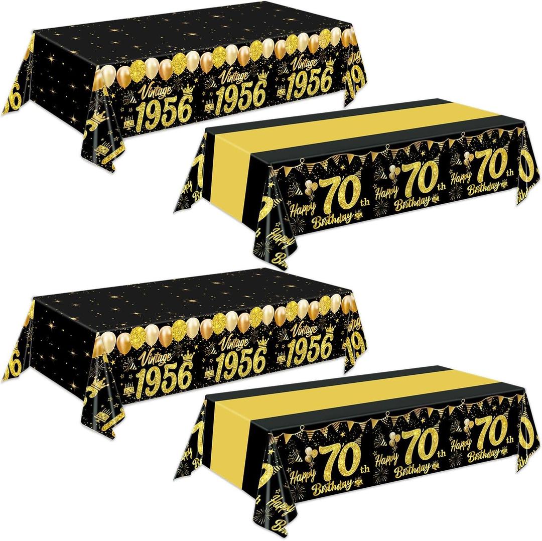 Oigco 4 Pack 70th Birthday Tablecloth, Black and Gold Disposable Plastic Table Cover for Happy 70th Birthday Decorations for Men and Women, 54 x 108 Inch