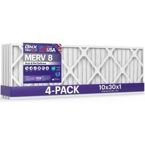 BNX TruFilter 10x30x1 Air Filter MERV 8 (4-Pack) - MADE IN USA – Dust & Pet Defense Electrostatic Pleated Air Conditioner HVAC AC Furnace Filters for Dust, Pet, Mold, Pollen MPR 600 – 700 & FPR 5