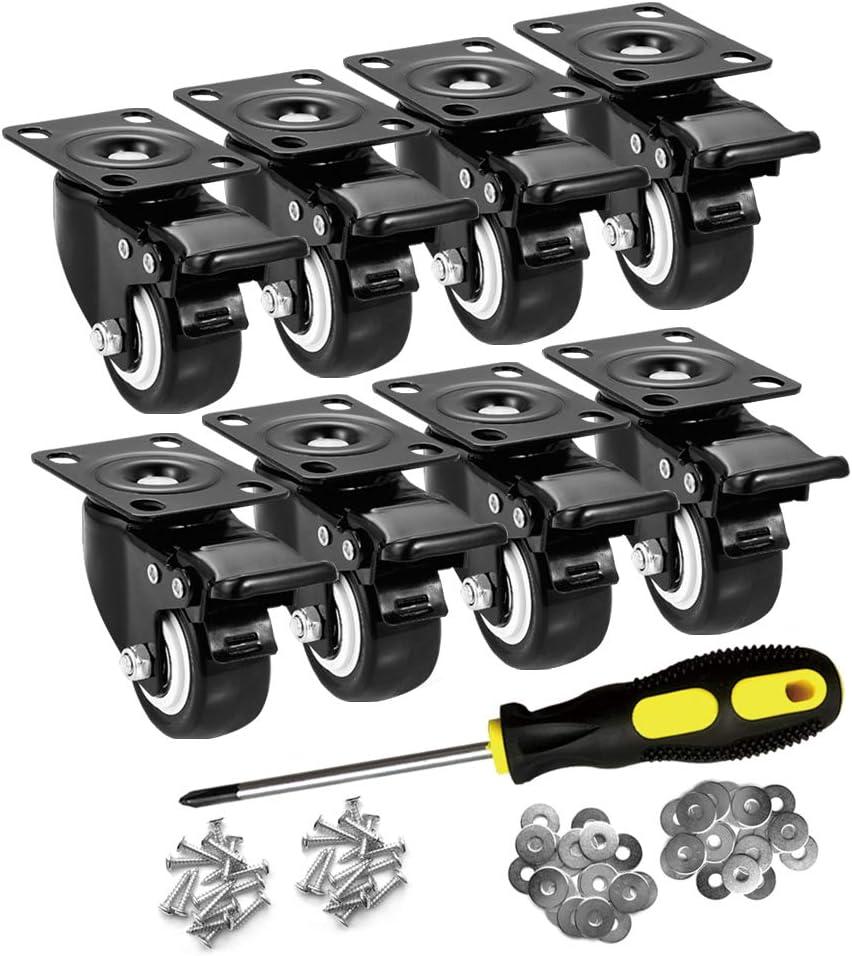 2" Caster Wheels Set of 8, Heavy Duty Casters with Brake, No Noise Locking Casters with Polyurethane (PU) Wheels, Swivel Plate Castors Pack of 8