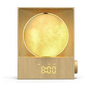 Sunrise Alarm Clock, 360-Degree Rotating Moonlight & 10 White Noise Sounds, Dual Alarm & Snooze for Heavy Sleeper, Timer, Wooden Bedroom Light Gift - Wood