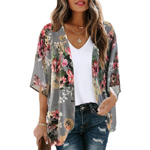Women's Floral Print Puff Sleeve Kimono Cardigan Loose Cover Up Casual Blouse Tops (Aa Dark Grey), S
