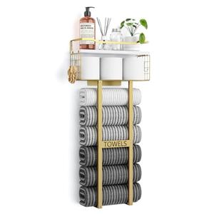 Aetyord Towel Racks for Bathroom - Wall Mounted Metal Rack with Wood Plank, Bathroom Storage Organizer, Towel Holder Stores 6 Large Rolled Towels Easily, Gold and Size XL 31"