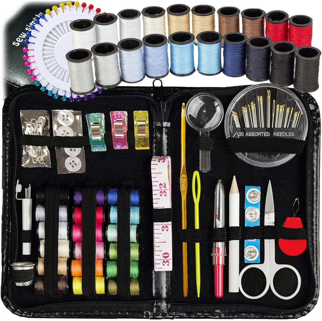 ARTIKA Sewing Kit for Adults and Kids (142 PCS) - Small Beginner Set w/Multicolor Thread, Needles, Scissors, Thimble & Clips - Emergency Repair and Travel Kits - Sewing Accessories and Supplies