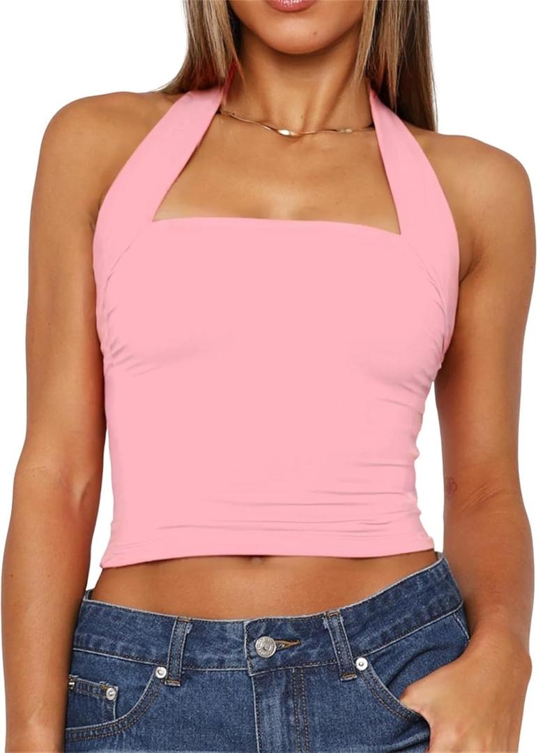 Women Sexy Halter Neck Backless Tank Top Open Back Sleeveless Slim Fit Y2k Summer Tops (Large, Pink)