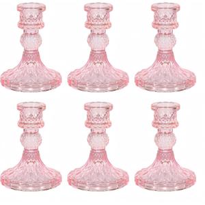 Glass Candlestick Holder,Striped Taper Candle Holders,Set of 6 Candle Stand for Table Centerpieces, Home Decor,Weddings,Festival and Parties (Pink Dimond)