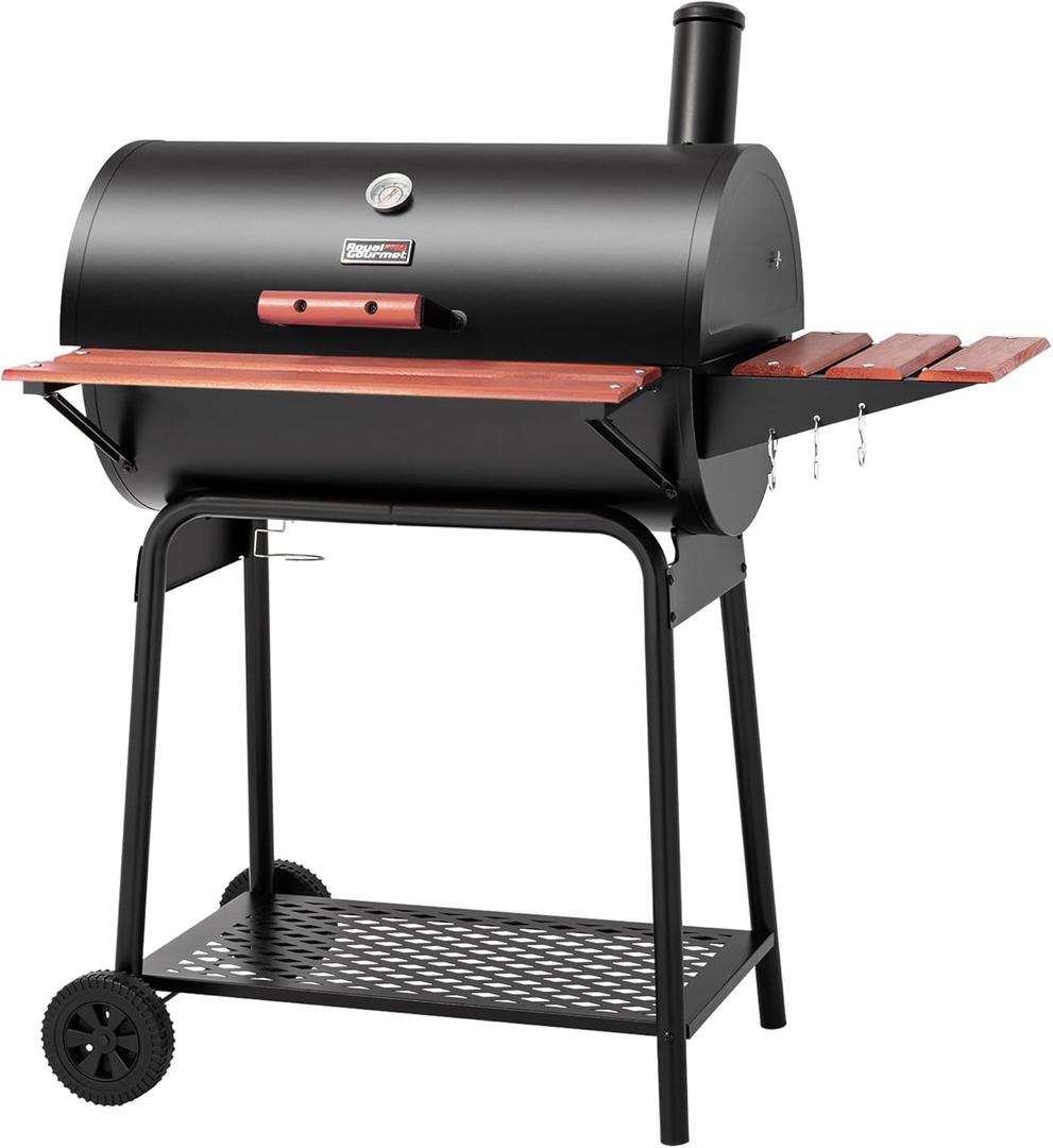 Royal Gourmet CC1830V 30 Barrel Charcoal Grill with Wood-Painted Side Front Table, 627 Square Inches Cooking Space, for Outdoor Backyard, Patio and Parties, Black