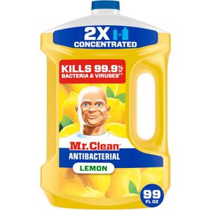 Mr. Clean Antibacterial All Purpose Cleaner, Floor Cleaner for Mopping Home, Bathroom, & Kitchen, Cleaning Liquid for Mop & Tub, Cleaning Supplies, Multi-Surface Dilutable, Lemon, 99oz