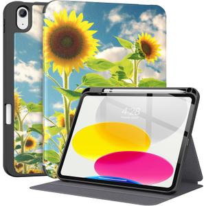 Supveco Case for iPad (A16) 11th Generation 11 inch (2025),iPad 10th Generation 10.9 inch (2022) with Pencil Holder-[Auto Wake/Sleep],Premium Folio Stand Case with Soft TPU Back Cover-Sunflower
