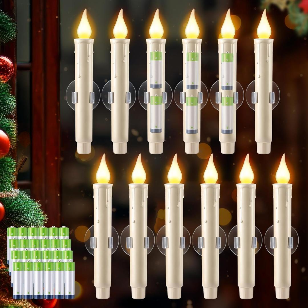 Enhon 12 Pcs Battery Operated Window Candles, Ivory LED Christmas Window Candles with Sensor Dusk to Dawn, Cordless Flameless Taper Candlestick with Battery & Suction Cup for Xmas Wedding Decorations