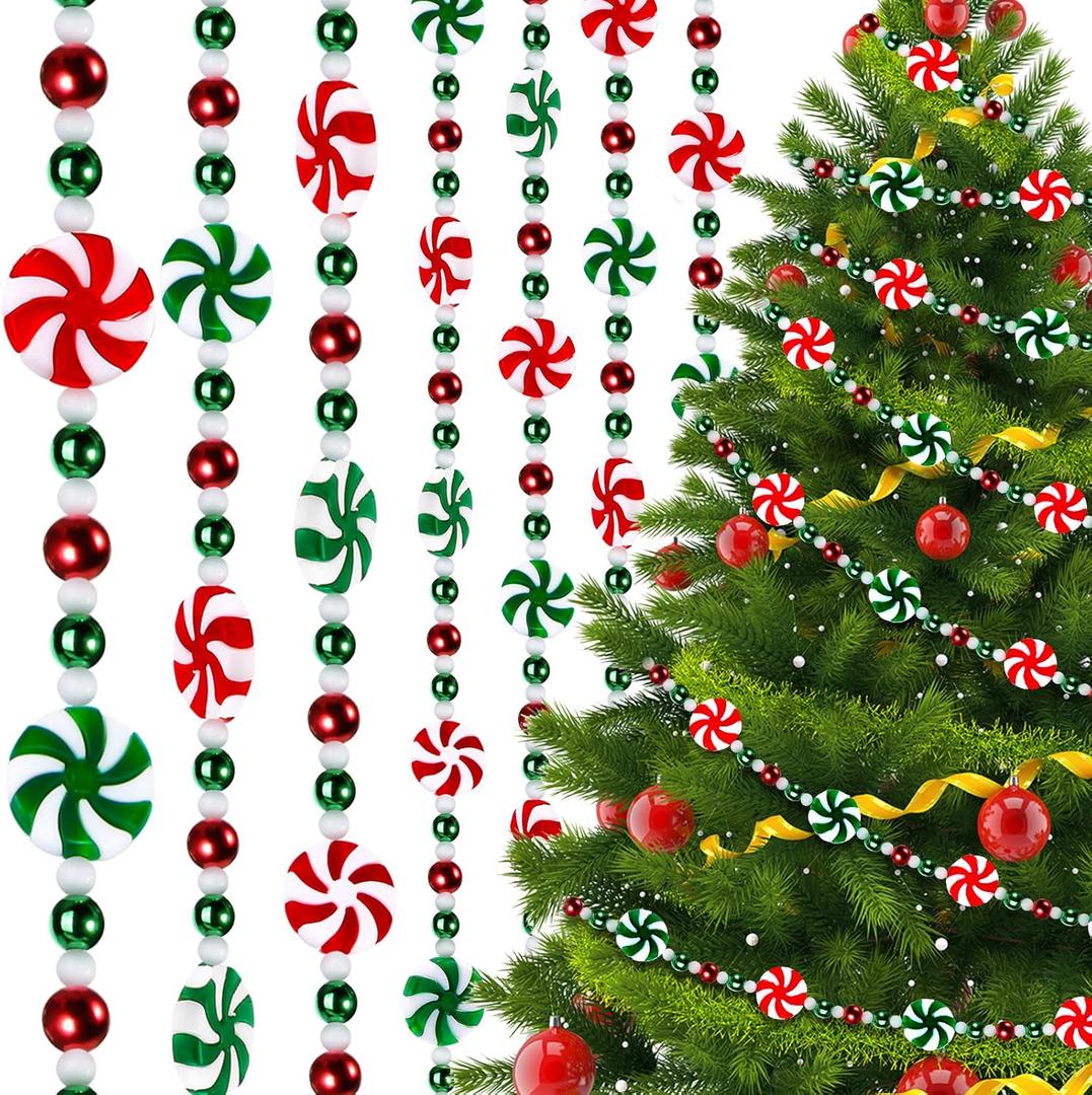 Peppermint Christmas Tree Bead Garlands, Peppermint Hanging Christmas Tree Garland Pearl Xmas Tree Bead for Christmas Tree Fireplace Wreath Ornaments Christmas Party Decorations (20 Feet)