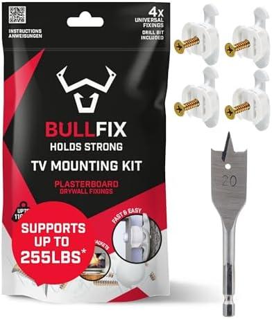Bullfix TV Kit - TV Bracket Drywall Anchors, Holds up to 255lbs, Heavy Duty Wall Anchors for Drywall, Stud & Hollow Cavity with 13/16" Drill Bit, Heavy Duty Fixings for Televisions