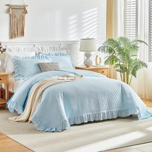 Blue Ruffle Quilt Set Full/Queen Size, 3 Pieces Shabby Chic Farmhouse Striped Bedspread Coverlet Set, Solid Lightweight Soft Microfiber Bed Cover for All Season (1 Ruffled Quilt + 2 Pillow Shams)