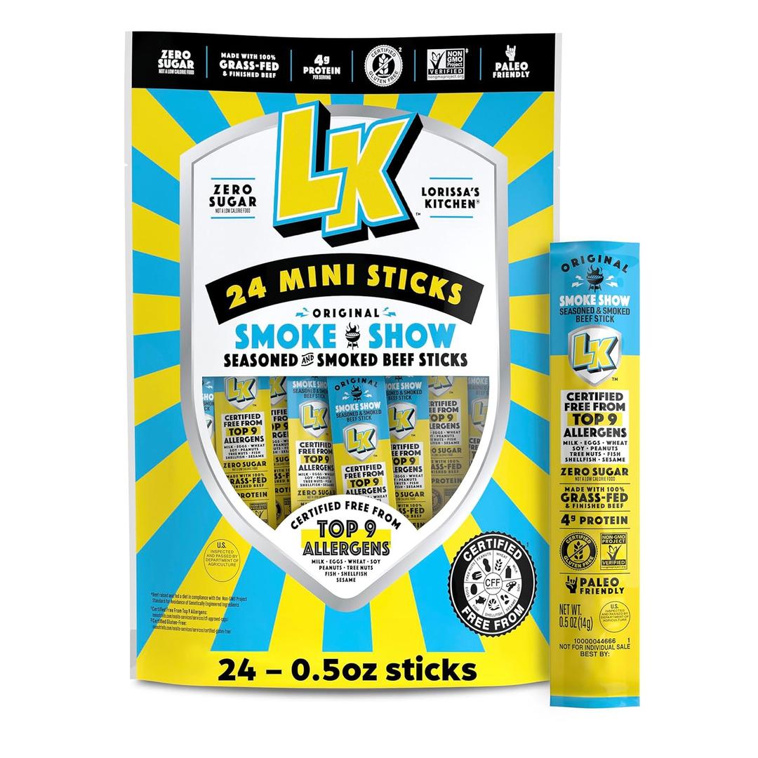 Lorissa's Kitchen Beef Jerky Mini Sticks, Premium Grass Fed & Finished, Original Smoke Show Flavor - 4g Protein, On the Go Snacks, Free from Top 9 Allergens, Non-GMO, Gluten-Free, 0.5 Oz (24 Count) (EXP 02/21/26)