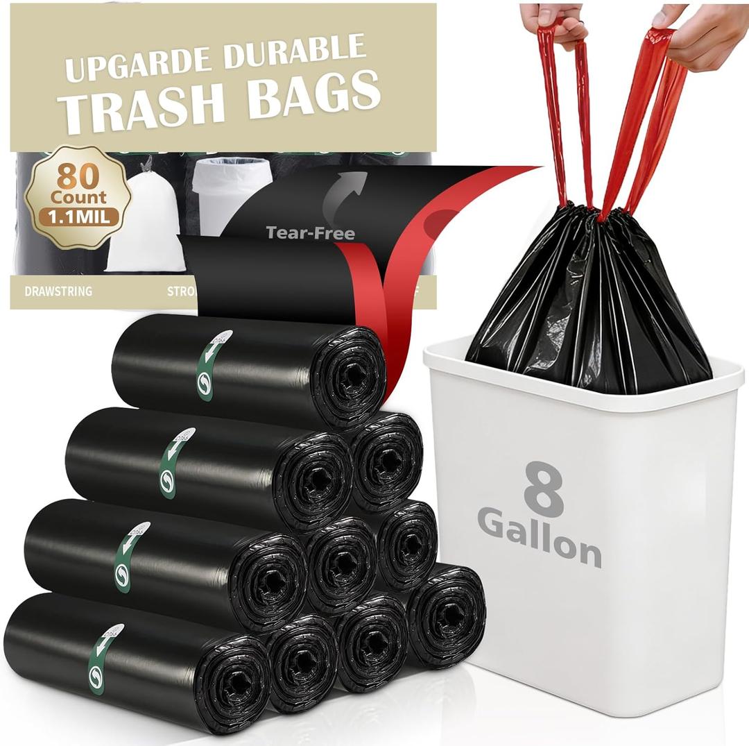 80 Counts 8 Gallon Trash Bag Drawstring Small Trash Bags, Thick Pre-separated Garbage Bags, Trash Bin Liners, Suitable for bathroom, kitchen, bedroom, office (Black)