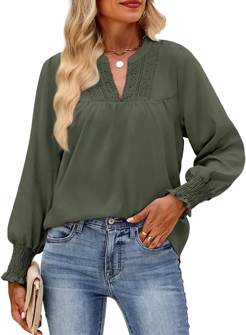 HEYTALALA Women's Puff Long Sleeve Shirts 2025 Fall Tops V Neck Casual Boho Work Blouses Dressy T Shirts (Green, XXL)
