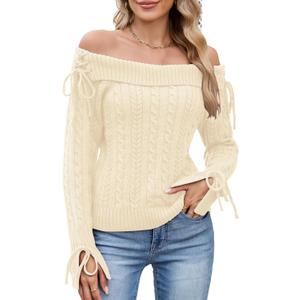 ZAFUL Women Off Shoulder Sweaters Long Sleeve Cable Knit Slim Fit Ribbed Knit Tops Pullover Sweaters (Large)