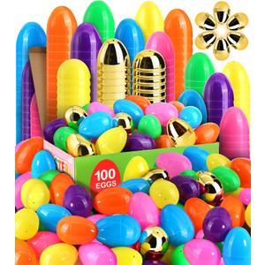 LEASEN [ 6 Surprise Golden Eggs ] 100 Pack 3 Inch Large Plastic Easter Eggs, Bright Colors Eggs Bulks Empty Easter Eggs Fillable for Easter Hunt, Easter Party Favor, Basket Stuffers Fillers