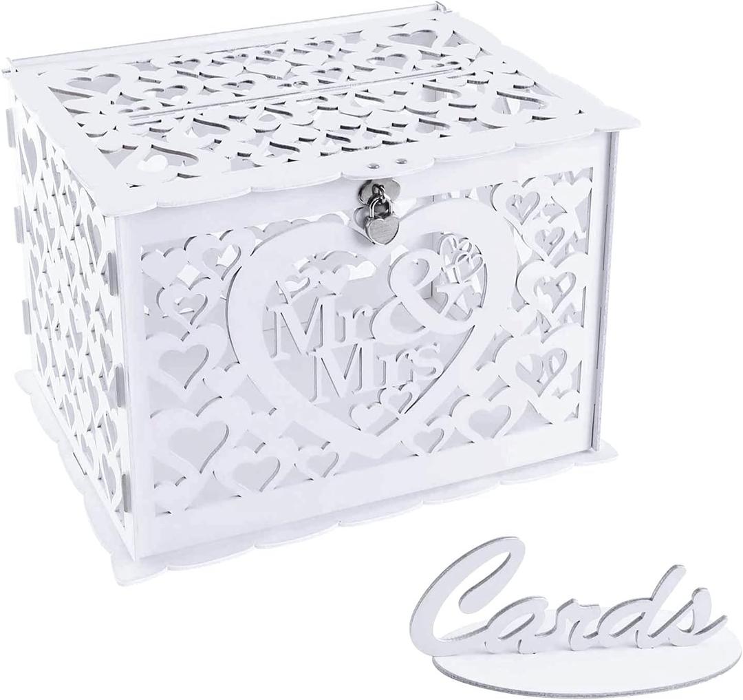 Ywlake Wedding Money Box Holder with Sign, Large Rustic Wood Wooden DIY Envelope Gift Post Card Boxes with Lock Slot for Reception Anniversary Graduation Birthday Party Parties (Mr & Mrs, White)