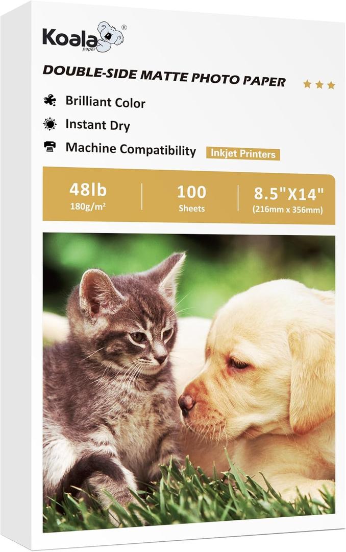 Koala Photo Paper Double-Sided Matte 8.5X14 Inches Compatible with Inkjet Printer 48LB for Presentation 100 Sheets 180GSM