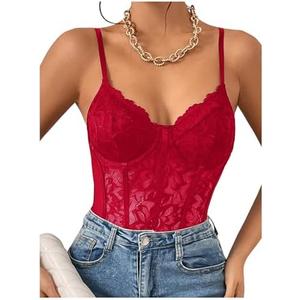 Milumia Women's Sexy Floral Lace Sheer Mesh Corset Bodysuit Spaghetti Strap Cami Tops Going Out XL