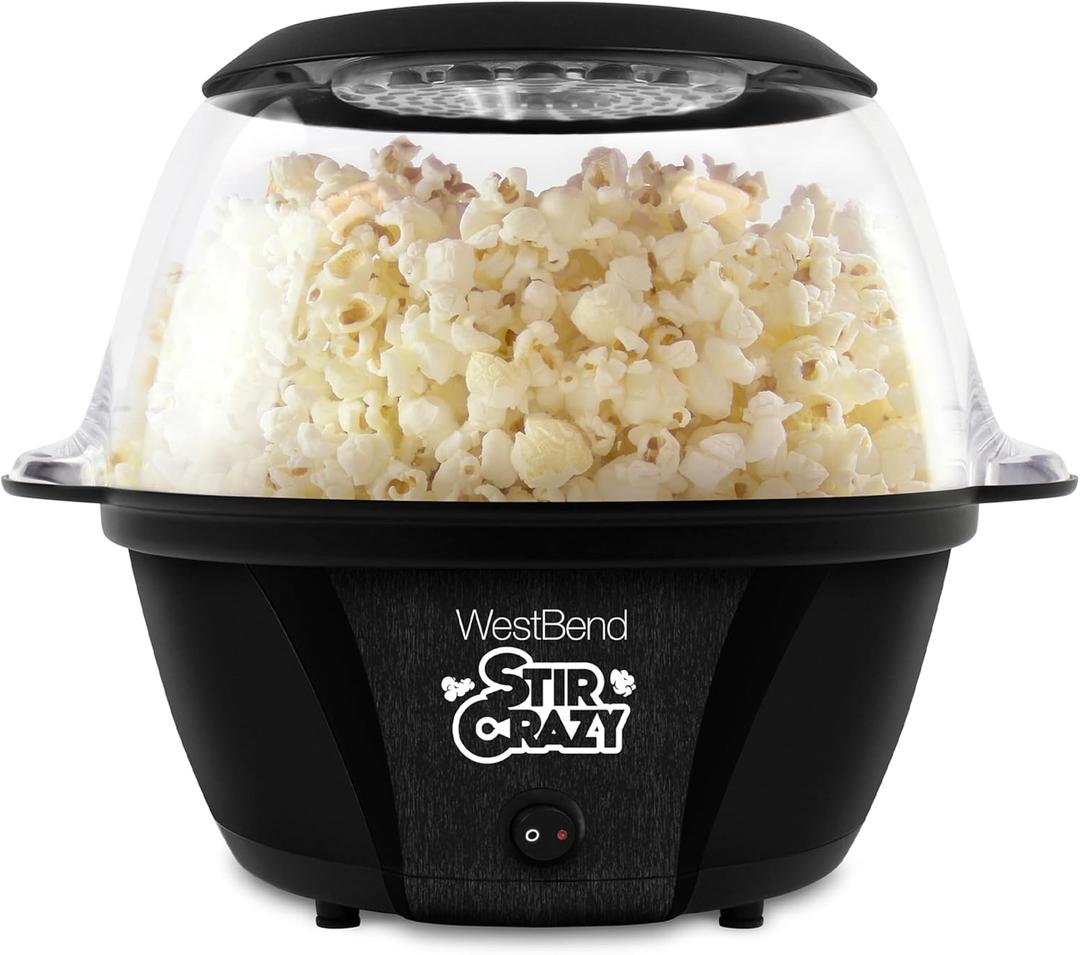 West Bend Stir Crazy Hot Oil Popcorn Popper, Popcorn Maker Machine with Large Serving Bowl Lid and Stirring Rod Perfect for Movie Night Snack Time or Parties, 6-Quart, Black